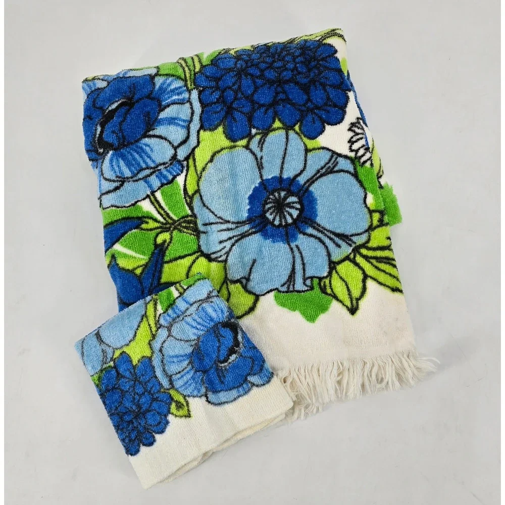 Vintage Cannon Floral Bath Towel Washcloth Set Blue Green Mod 60s 70s USA